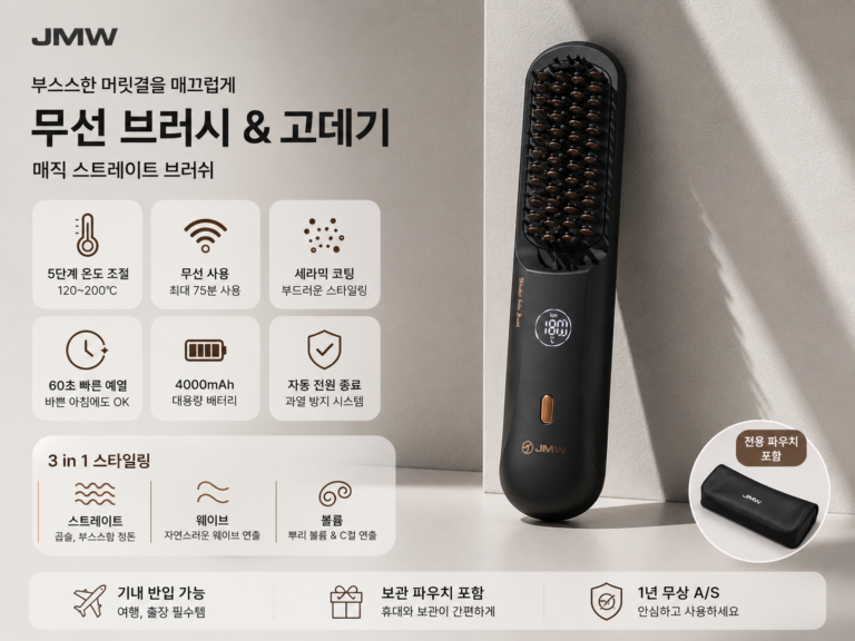 JMW 볼륨온 무선 브러쉬 빗 고데기 매직기 음이온 정전기방지 SRB3A01A